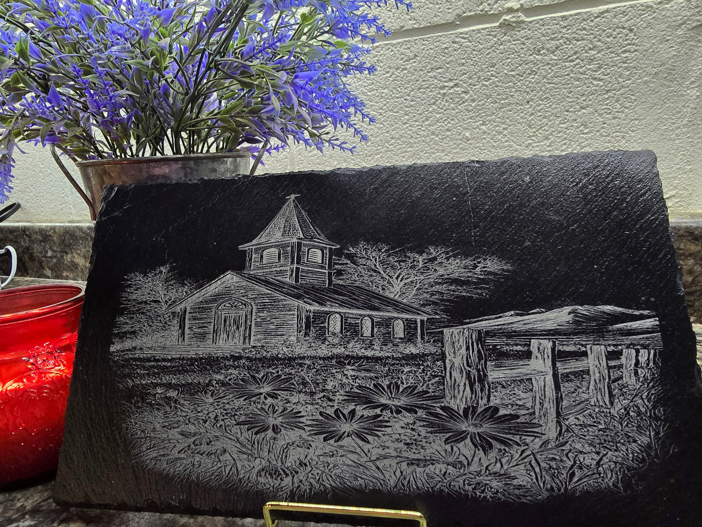 Engraved Slate Church Scene Plaque | Rustic Faith-Inspired Home Decor