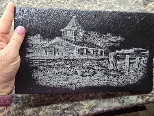 Engraved Slate Church Scene Plaque | Rustic Faith-Inspired Home Decor