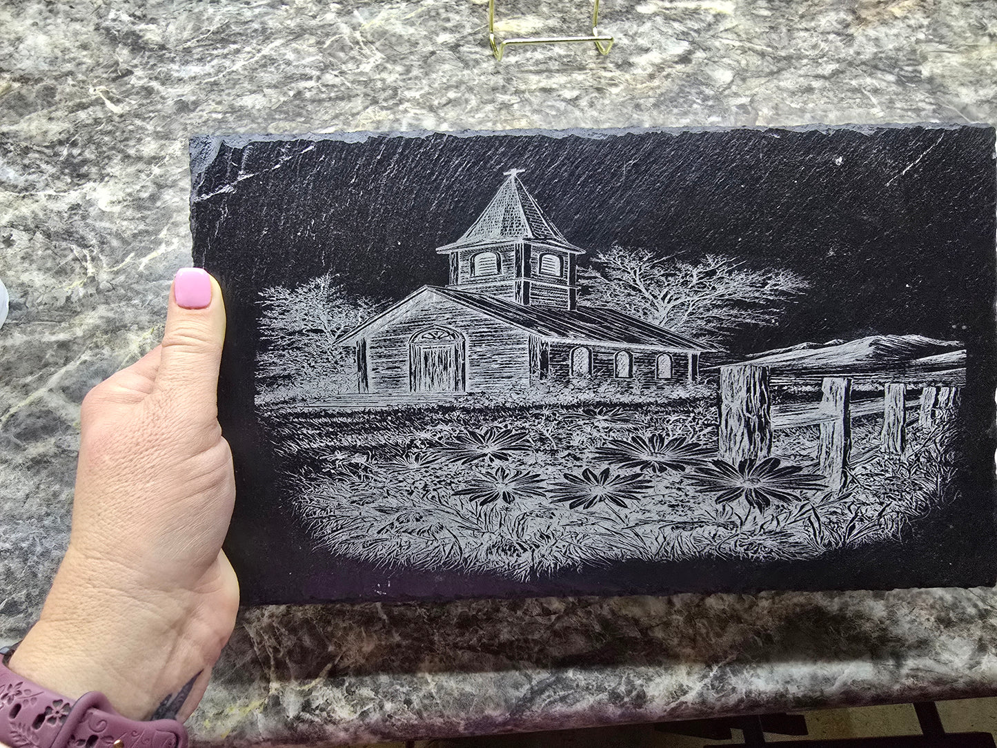 Engraved Slate Church Scene Plaque | Rustic Faith-Inspired Home Decor