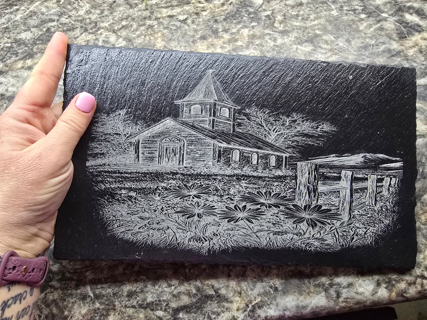 Engraved Slate Church Scene Plaque | Rustic Faith-Inspired Home Decor